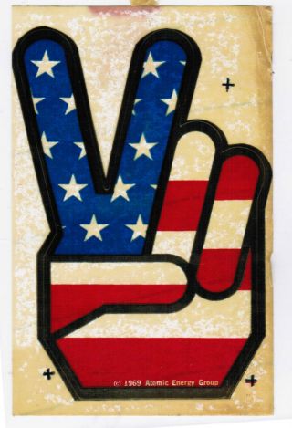 Old Window Sticker Decal 1969 Atomic Energy American Flag Peace Sign Victory