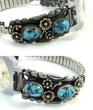 Navajo Sterling Silver & 14k Solid Gold Floral Turquoise Watch Tips.  Carl Luthy