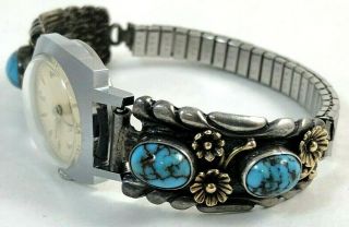 Navajo Sterling Silver & 14k Solid Gold Floral Turquoise Watch Tips.  Carl Luthy 2