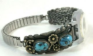 Navajo Sterling Silver & 14k Solid Gold Floral Turquoise Watch Tips.  Carl Luthy 5