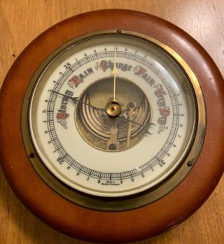 Vintage German Atco Round Barometer Wood And Brass Wall Hanger