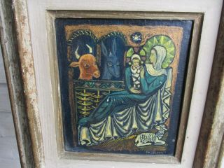 An Unusual Signed Antique Oil painting on Panel of The Birth of Christ c1900? 2