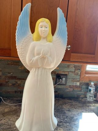 2 Vintage Union Products Blow Mold 30 Inch Angel With Wings 1988 Blue And White