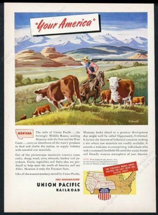 1945 Montana Cowboy Cattle Ranch Train Art Union Pacific Rr Vintage Print Ad