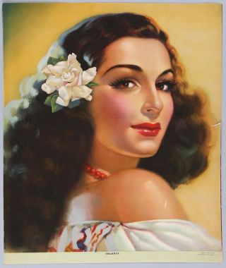 Vintage 1940s Mexican Pin - Up Poster Raven Haired Art Deco Beauty Triguenita