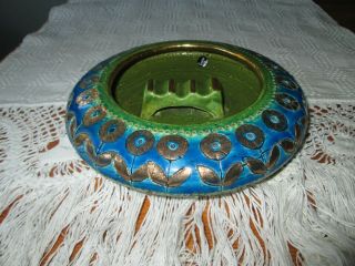Vintage Mid Century 7.  5 " Ashtray Italy Pottery Ceramic Blue Green Gold Floral