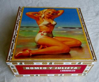 Wooden Cigar Box,  Man Cave Item,  Vintage Pinups,  Beach Girl,  Lady & Bad Dog