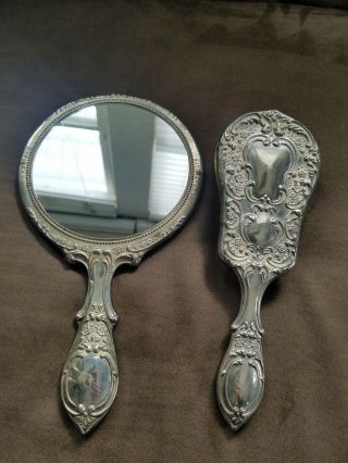 Antique Vintage Hand Held Mirror And Brush Vanity Set Handheld