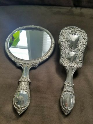 Antique Vintage Hand Held Mirror And Brush Vanity Set Handheld 3