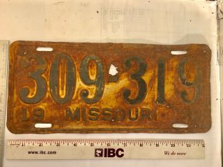 Vintage.  1938 Missouri License Plate.  Number 309319.