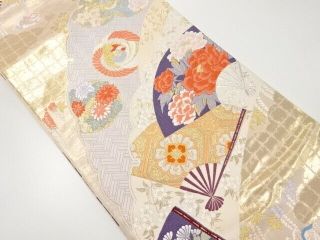 83902 Japanese Kimono / Vintage Fukuro Obi / Woven Flowers & Folding Fan Patter