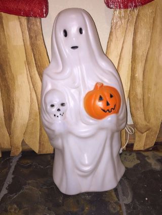 Vintage Halloween 23 " Empire Ghost Holding A Skull & Pumpkin Lighted Blow Mold