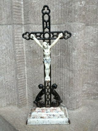 Antique Ornate Gothic Wrought Iron Cross Crucifix Jesus Christ Corpus Standing