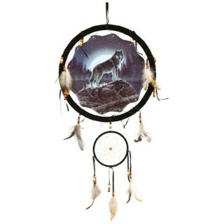 Obi Decorative Wolf Dream Catcher 13 " With Feathers And A Large Printed F.