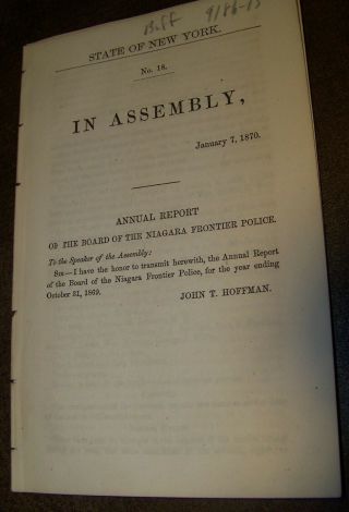 1869 Antique Annual Report Niagara Frontier Police John T Hoffman