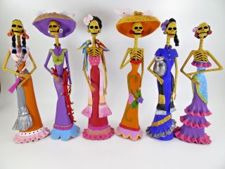 Set Of 6 Catrinas Mexican Day Of The Dead Handmade Clay 15 "