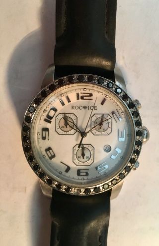 Large Roc Ice Watch Mother Of Pearl Black Diamonds,  Black Leather Band