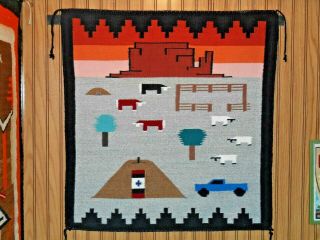 Navajo Navaho Pictorial Rug/wall Hanging.  Steers,  Sheep,  Hogan,  Truck.  Nr