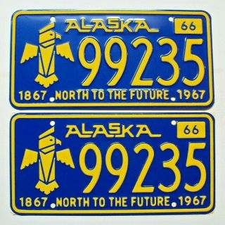 Pair 1966 Alaska Passenger License Plates 99235 For 1967 Centennial