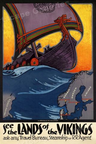 " Land Of The Vikings " 1937 Norse Vintage Style Travel Poster - 16x24