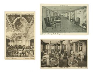 Cunard Line Rms Aquitania Three Postcards First Class & Second Class Interiors