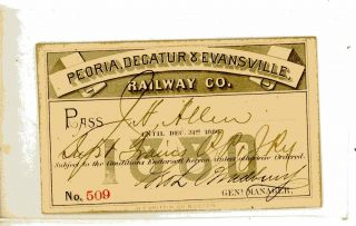 Peoria Decatur And Evansville Railway 1880 Railroad Pass