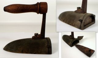 Rare 3 " Antique Miniature Sad Iron Brass With Cast Slug Box W Wood Wooden Handle