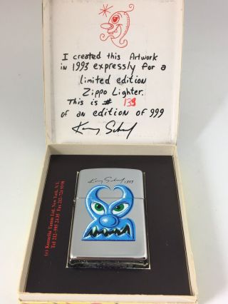 1993 Kenny Scharf Zippo - Nib Artist Painted Limited Edition Custom Box Blue