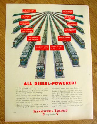 1948 Pennsylvania Railroad Ad All Diesel Powered Shows 12 Trains In The Fleet