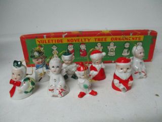 8 Vintage Japan Ceramic Bell Christmas Ornaments In Orig Box - Santa Elf Angel,