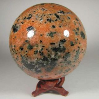 3.  5 " Orange Calcite W/ Epidote,  Tourmaline Sphere W/ Stand - Madagascar - 90mm