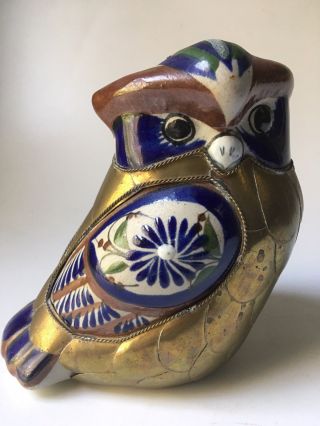 Mexican Folk Art Pottery Hand Painted Owl Bird Figurine Brass Ceramic Mexico