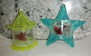 1950s Vintage Turquoise Star And Birdcage Spinner Christmas Ornaments Glitter