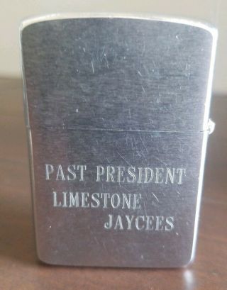 Vintage 1958 Zippo Lighter Limestone Jaycees Phil Brooker W/hollow Rivet Insert.