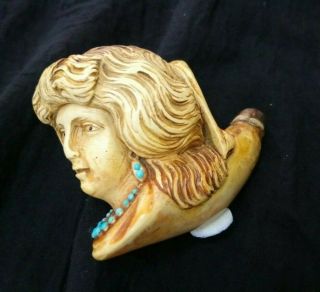 Large Antique Meerschaum Pipe Victorian Lady Wearing Necklace Earrings