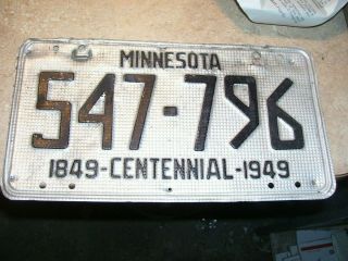Vintage 1949 Minnesota Territory Centennial License Plate 547 - 796