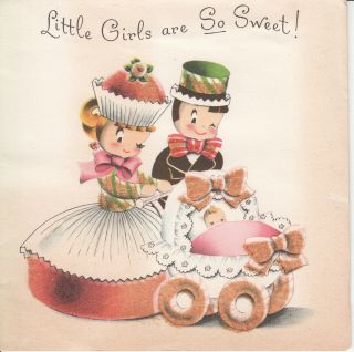 Vintage Norcross Candy Baby Girl Carriage Rare Htf Card Mica Glitter