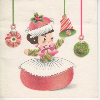 Vintage Norcross Candy Girl With Ornaments Christmas Rare Htf Card Mica Glitter
