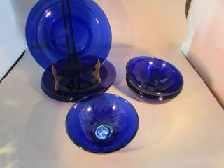 Set Of 8 Pc Vintage Cobalt Blue Glass Bowls And Salad Plates 4 Bowls 4 Plates