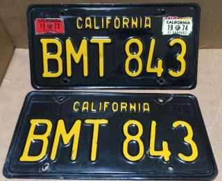 Rare Pair 1963 Dmv Clear - (california) - Bmt 843 License Plate - 1973 & 1974 Tag