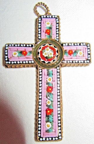 Italian Antique Bronze Micro Mosaic Pectoral Cross Crucifix 2 1/2 Inches