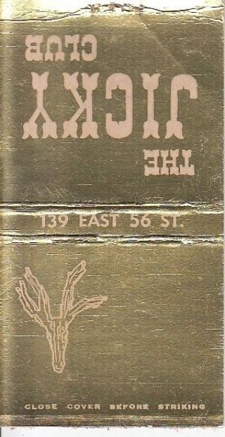 The Jicky Club 139 East 56th St.  York City Nyc Old Matchcover