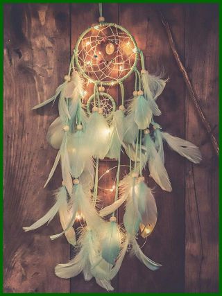 Dream Catcher For Kids W Lights & GREEN Feather Beaded Handmade Led Catchers Bed 2