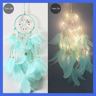 Dream Catcher For Kids W Lights & GREEN Feather Beaded Handmade Led Catchers Bed 3