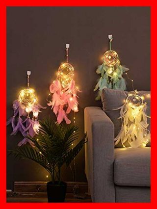 Dream Catcher For Kids W Lights & GREEN Feather Beaded Handmade Led Catchers Bed 4