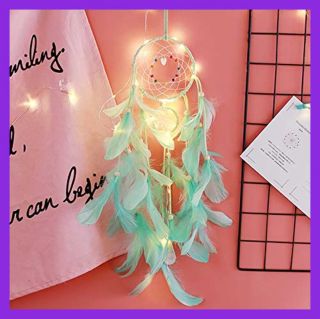 Dream Catcher For Kids W Lights & GREEN Feather Beaded Handmade Led Catchers Bed 5