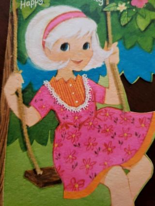 Vtg Hallmark Birthday Greeting Card Cute Girl Pink Flower Dress Headband Swing