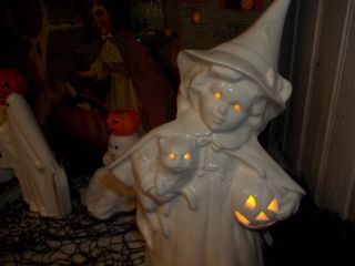 Ceramic Victorian Halloween Witch Light W/ Cat,  Jol Vtg Inspired Decoration