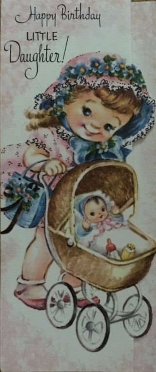 Little Girl W/her Dolly Stroller M Cooper Vtg Mid Century Die Cut Birthday Card