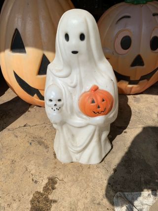 Vintage Empire Halloween 23” Ghost Blow Mold Lighted Skull & Pumpkin Yard Decor.